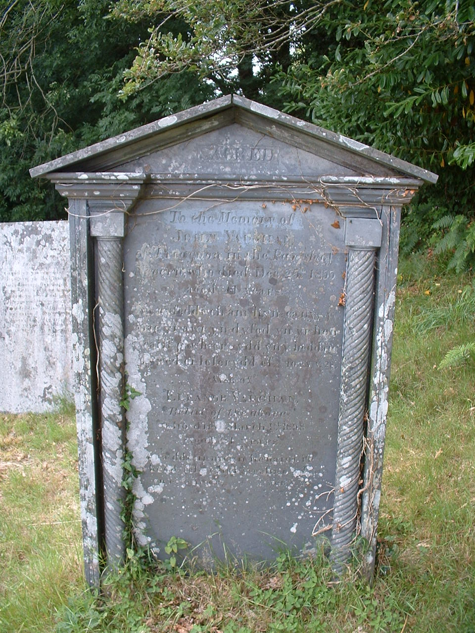 Pedimented headstone with spiral carved columns, Pontfaen Jabes chapel, Pembrokeshire